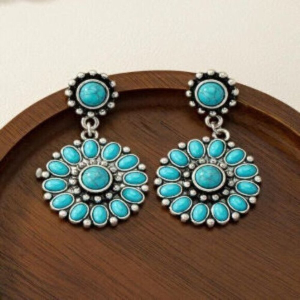 Western Style Blue Acrylic & Antique Drop Earrings